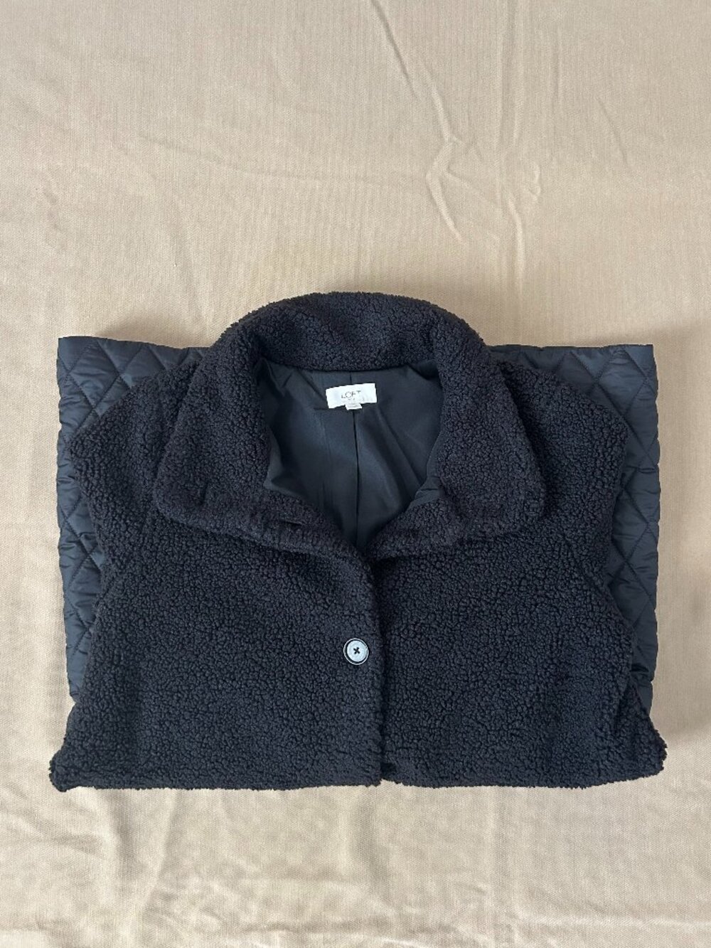 LOFT Black Mixed-Media Cozy Sherpa & Diamond Quilted Jacket - Size M